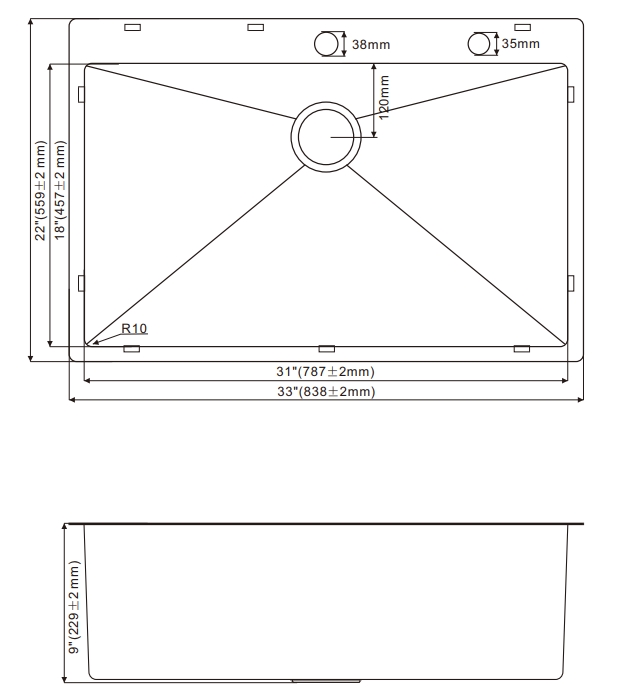 OEM HT3322S 33*22*9 inch black topmount/drop-in single sink bowl stainless steel kitchen sink 