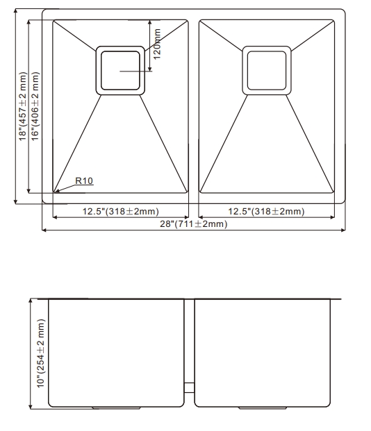 OEM HU2818H 28* 18* 10 inch undermount double sink bowl Stainless Steel Kitchen Sink 