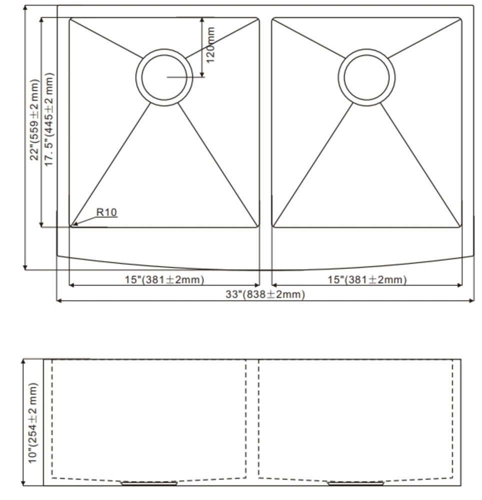 OEM HD3322O 5050 33*22*10 inch undermount apron front double sink bowl stainless steel kitchen sink 