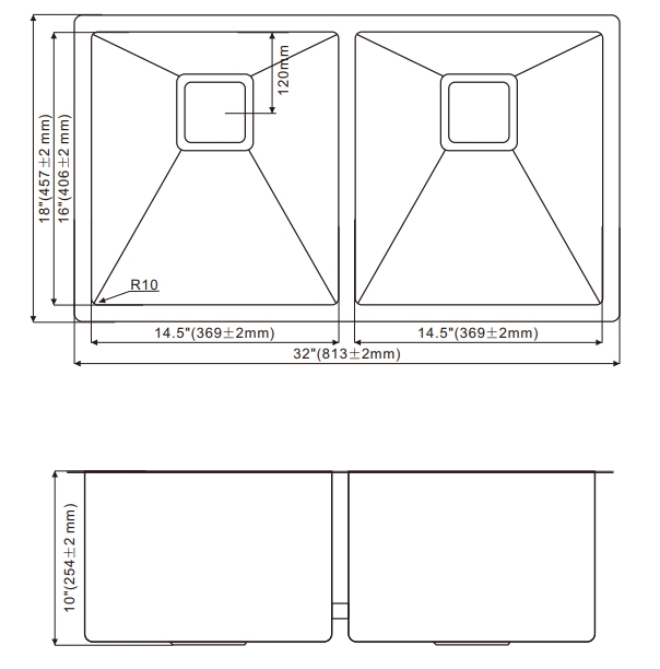 OEM HU3218H 32* 18* 10 inch undermount double sink bowl stainless steel kitchen sink