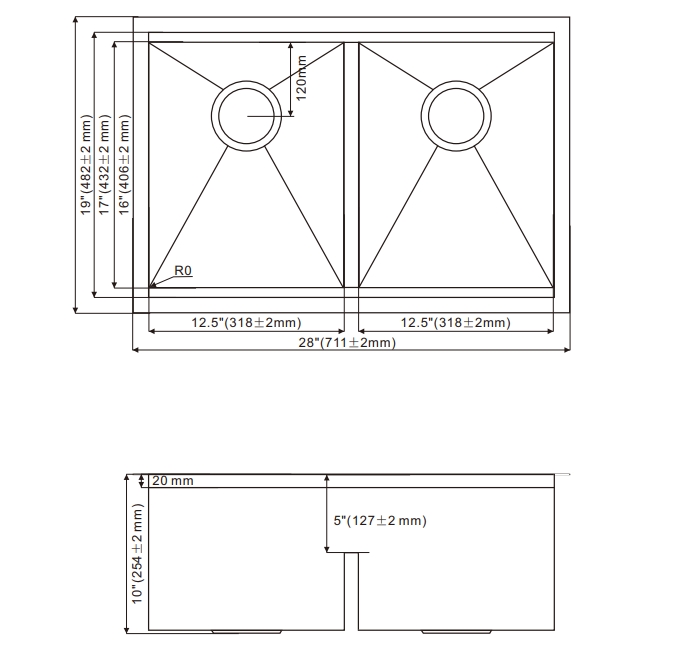 OEM 2819D 28* 18* 9 inch undermount double sink bowl stainless steel workstation sink 