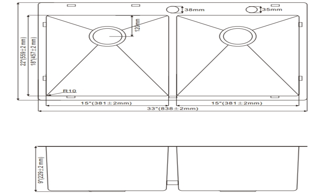 OEM HT3322H（Black）33*22*9 inch topmount double sink bowls stainless steel sink for kitchen