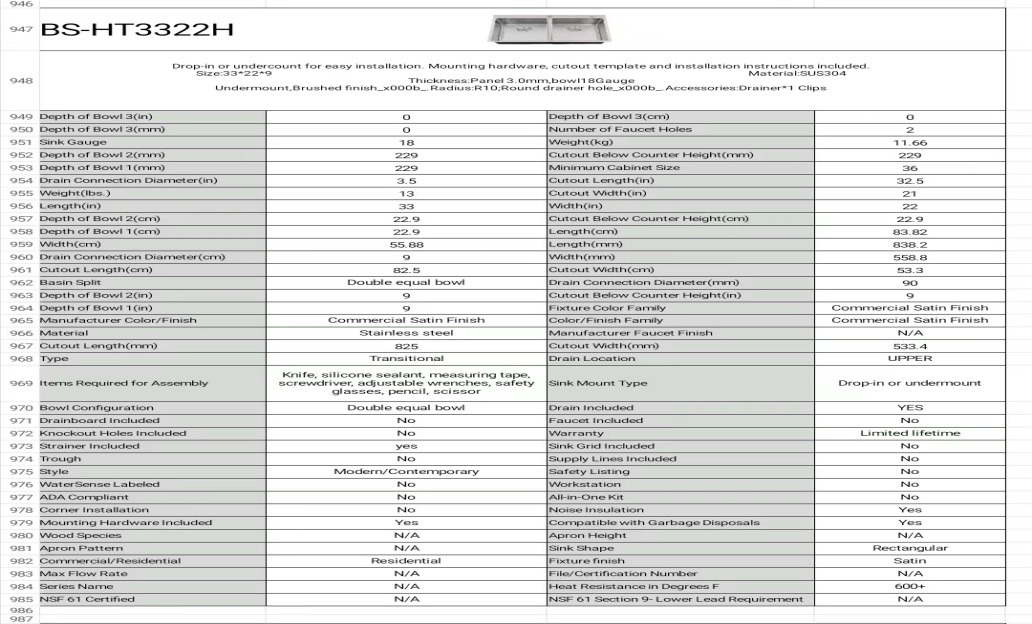 OEM HT3322H 33*22*9 inch topmount/drop-in double sink bowl stainless steel kitchen sink 