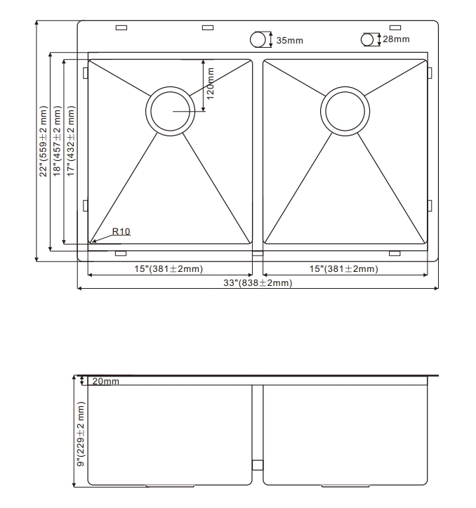 OEM 3322D 33*22*9 inch topmount/drop-in double sink bowl stainless steel workstation sink